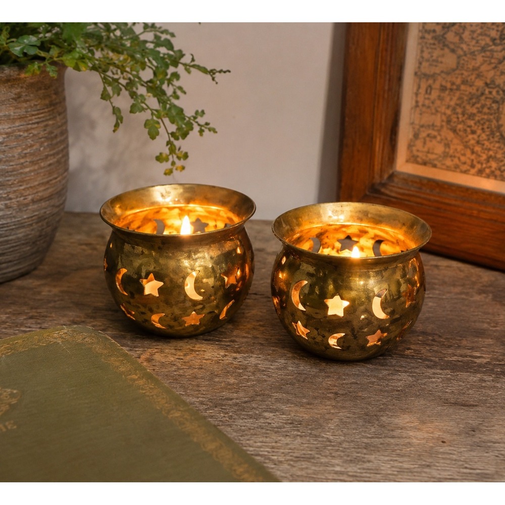 Vtg Brass Moon & Stars Tealight Candle Holders Set of 2 Celestial Votive Cups